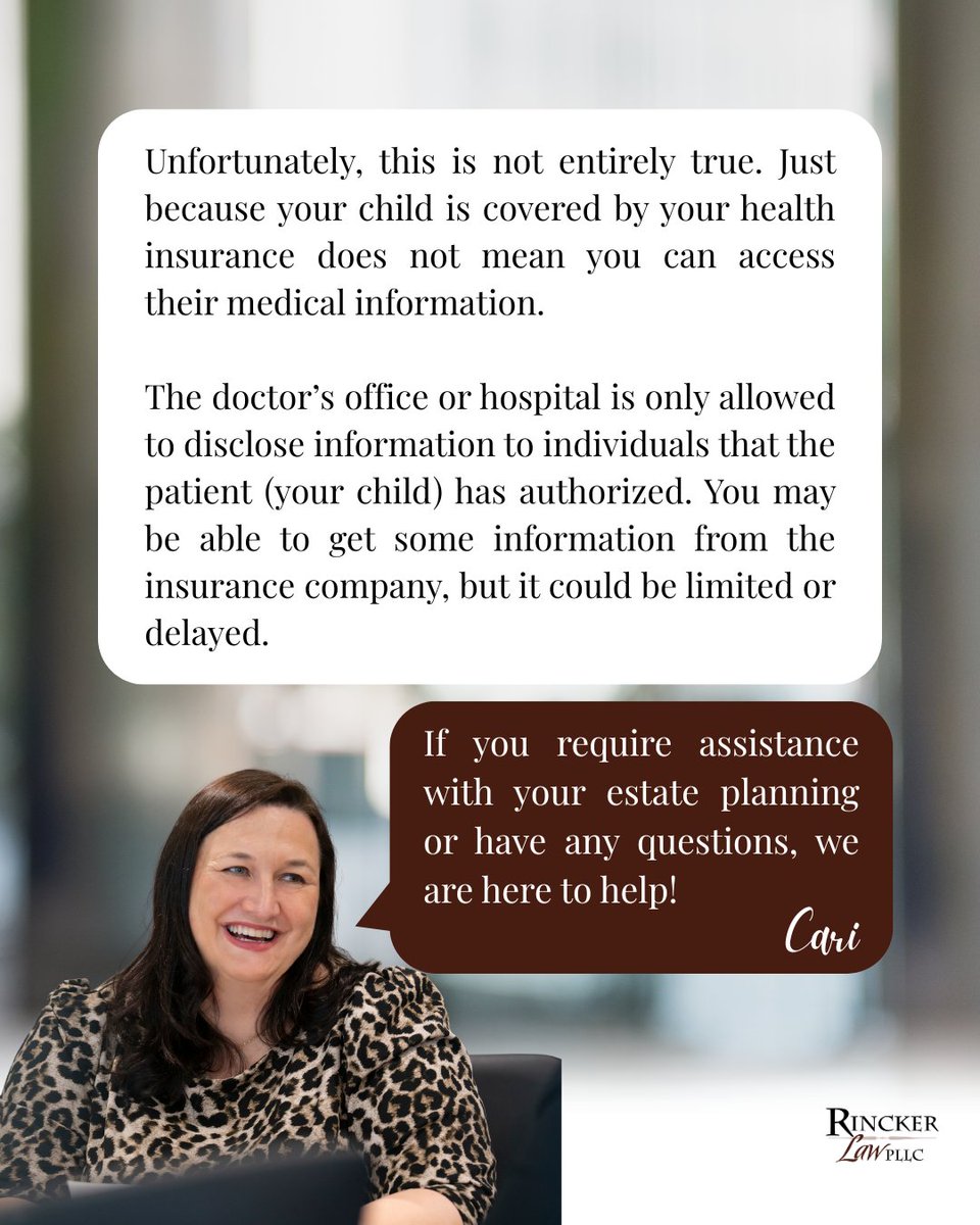 RinckerLaw's tweet image. Myth: If my child is on my insurance, I can access their medical info.
Fact: Not without their permission.

HIPAA rules mean coverage ≠ access.

📩 Questions? Contact us, we’re here to help. rinckerlaw.com/contact/

#EstatePlanningMyths #MedicalPrivacy #HIPAA #LegalTips