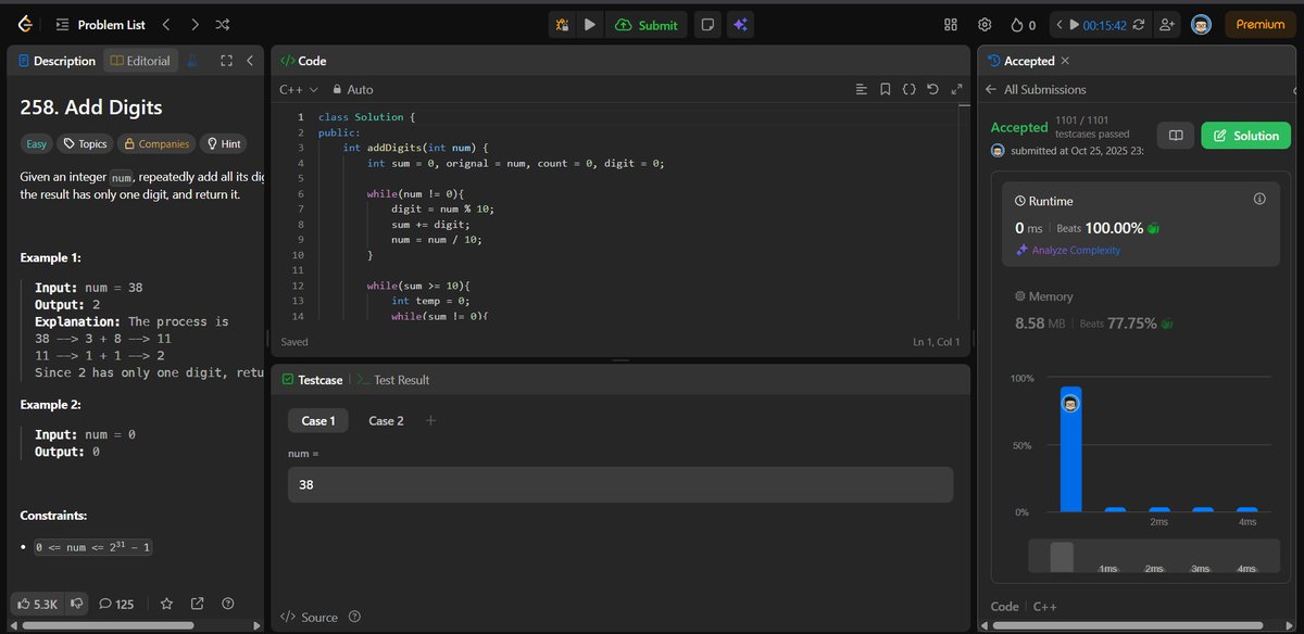 aditya206gupta's tweet image. 🔢 Day 24 of #100DaysOfCode
Solved:
🧮 Add Digits: Implemented digital root logic — reduced a number to a single digit efficiently.
⚙️ Subtract Product and Sum: Practiced digit manipulation by extracting and operating digits directly.
#LeetCode #Math #LogicBuilding #100DaysOfCode