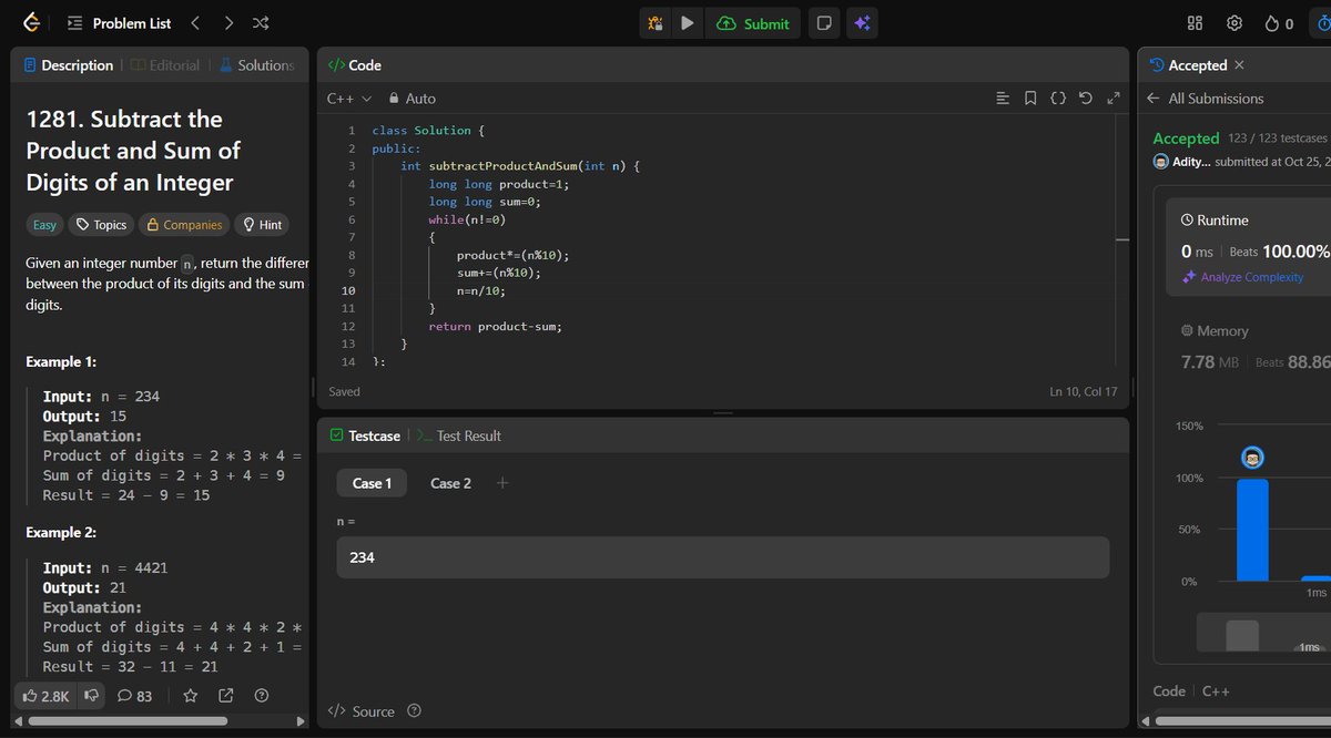 aditya206gupta's tweet image. 🔢 Day 24 of #100DaysOfCode
Solved:
🧮 Add Digits: Implemented digital root logic — reduced a number to a single digit efficiently.
⚙️ Subtract Product and Sum: Practiced digit manipulation by extracting and operating digits directly.
#LeetCode #Math #LogicBuilding #100DaysOfCode