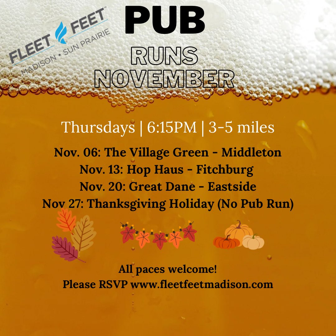November pub run schedule just dropped!  Get some miles in before Thanksgiving!