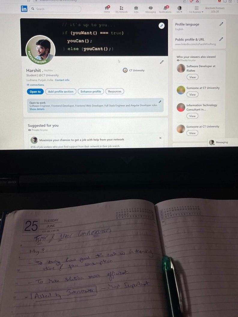 harshtwt_'s tweet image. Day 04 of my DSA Journey 🚀
&gt; Learnt about Number Systems — Binary &lt;-&gt; Decimal conversions, 
&gt; Practiced number &amp; star patterns, and 
&gt; Got my first look at Time &amp; Space Complexity 
Slowly building the base stronger each day 💻
#DSA #Cplusplus #100DaysOfCode #CodingJourney