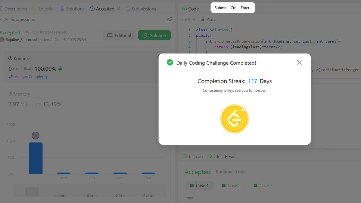 RojalineSa93267's tweet image. Day  34 #100DaysOfCode  Completed today’s LeetCode problem — making it 117 consecutive days of daily problem-solving!                                     
#LeetCode #CodingJourney #Zigbee #100DaysOfCodeChalleng