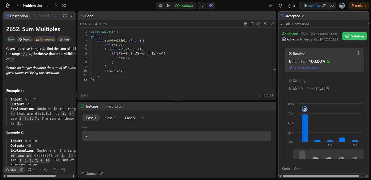 aditya206gupta's tweet image. ✨ Day 25 of #100DaysOfCode
Solved: 
🔹 Sum Multiples: Calculated sum of numbers divisible by 3, 5, or 7 — a clean loop-based solution.
🔹 Count Digits That Divide: Counted digits of a number that evenly divide it using modulus operations.
#LeetCode #Math #Coding #100DaysOfCode