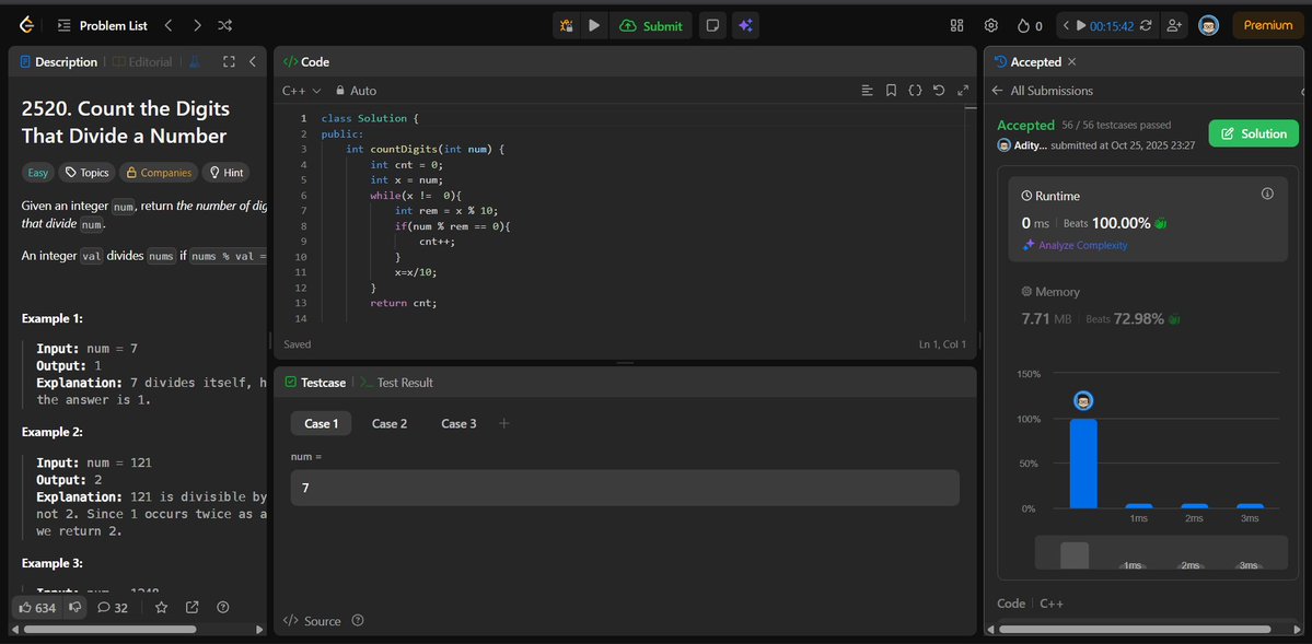 aditya206gupta's tweet image. ✨ Day 25 of #100DaysOfCode
Solved: 
🔹 Sum Multiples: Calculated sum of numbers divisible by 3, 5, or 7 — a clean loop-based solution.
🔹 Count Digits That Divide: Counted digits of a number that evenly divide it using modulus operations.
#LeetCode #Math #Coding #100DaysOfCode