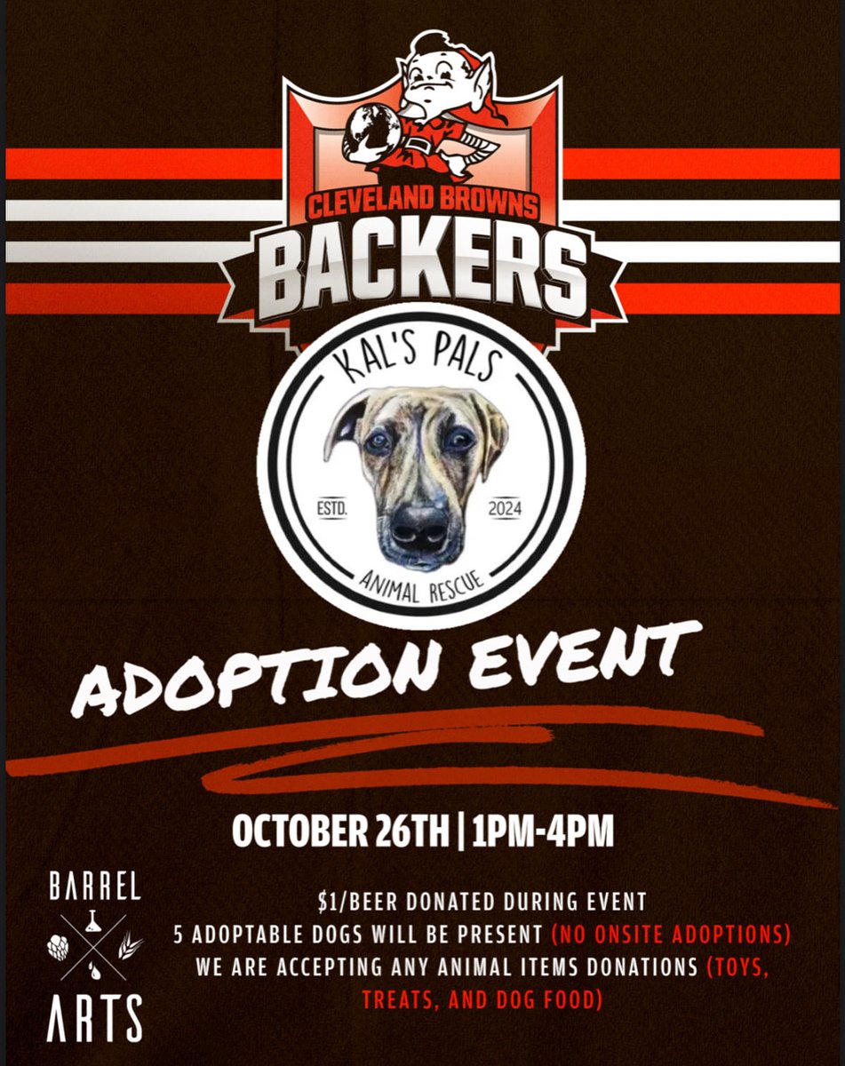 Come out to 1030 Woodward Ave in Charlotte at our home bar, Heist Barrel Arts, at 1pm tomorrow. We are doing a dog adoption event with Kals Pals! Go <a href="/Browns/">Cleveland Browns</a>
