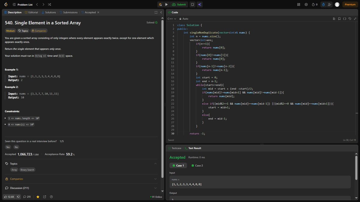 Navneetrajgupta's tweet image. Day 34 of #100DaysOfCode 
Today I solved two leetcode problems 
• find single element in a sorted array by binary search 
•peak element 
#DSA #LeetCode #Arrays #CPP