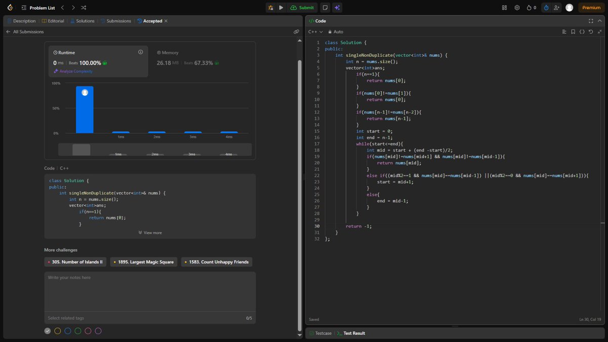Navneetrajgupta's tweet image. Day 34 of #100DaysOfCode 
Today I solved two leetcode problems 
• find single element in a sorted array by binary search 
•peak element 
#DSA #LeetCode #Arrays #CPP
