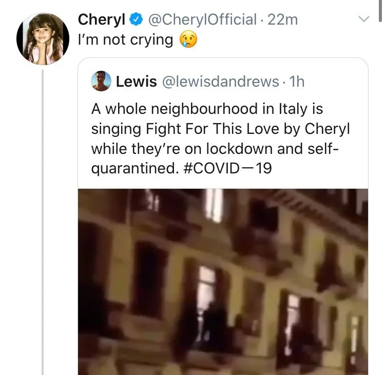 I'll never forget Twitter tricking Cheryl into believing Italians were out on their balconies singing 'Fight For This Love' during the pandemic

#Strictly #StrictlyComeDancing