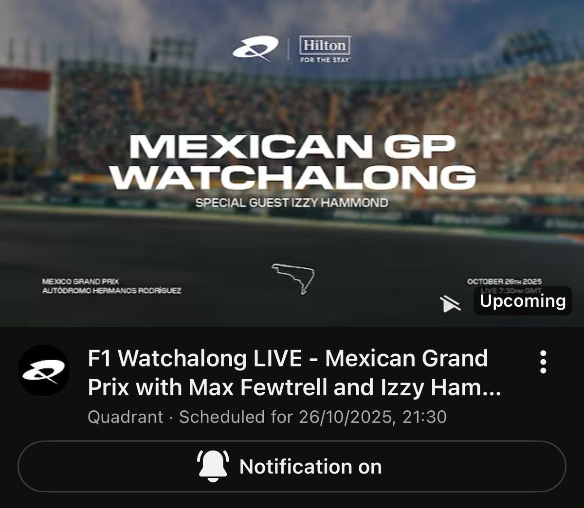 🚨WATCHALONG

Quadrant is doing a watchalong for the Mexican GP tomorrow with our favourite podcast hosts Max and Izzy!

📹 youtube.com/live/MzA-hUqh-…