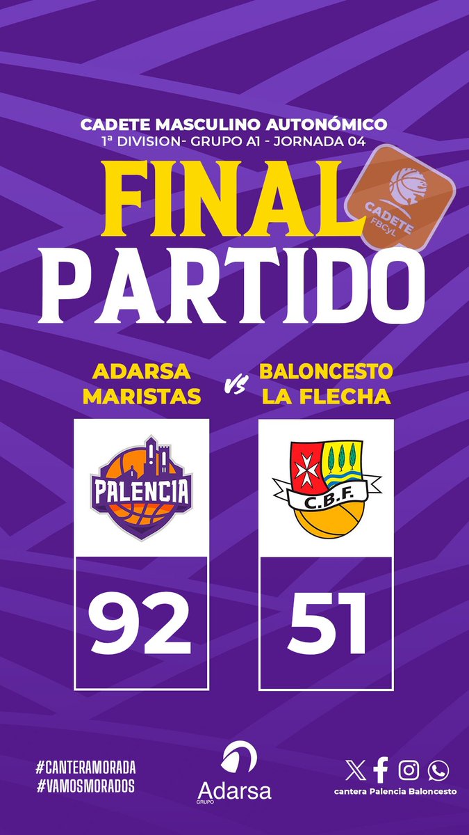 PBcantera's tweet image. 🏆 #CadMasCyL - 1a División
📆 Jornada 04
🏀FINAL
🟣 @PBcantera
🔴 @cblaflecha
Dominio de principio a fin morado 
💜 #CanteraMorada
#CDMaristas
#VamosMorados
