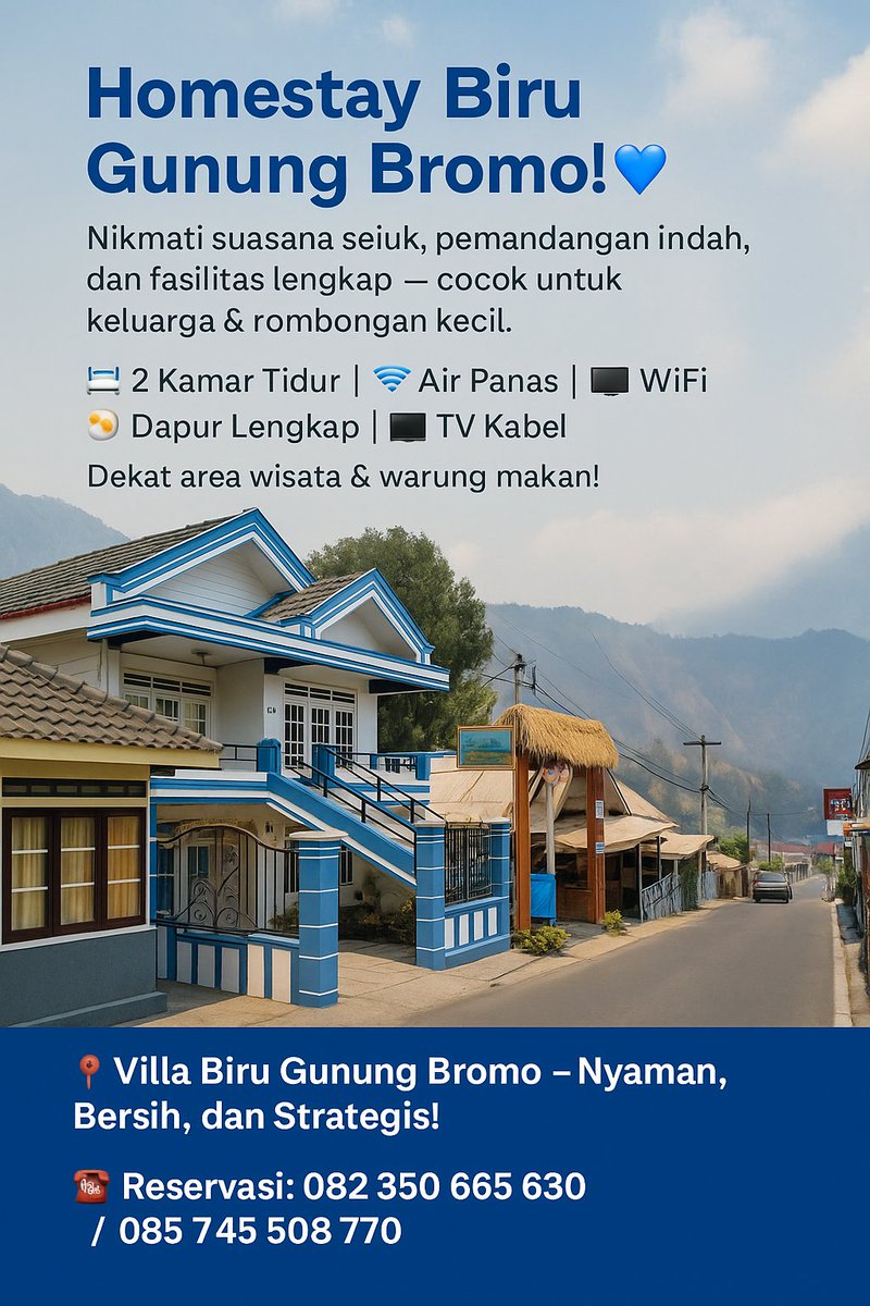 Rina2308's tweet photo. Homestay Biru Gunung Bromo! 💙 
Nikmati suasana sejuk, pemandangan indah
🛏️ 2 Kamar Tidur | 🚿 Air Panas | 📶 WiFi | 🍳 Dapur Lengkap | 📺 TV Kabel Dekat area wisata &amp; warung makan!  
Nyaman, Bersih, dan Strategis! 
📞 Reservasi: 082 350 665 630  , 085 745 508 770

#villadibromo https://t.co/cBWUxrjT0N