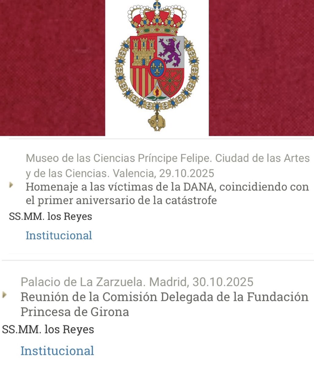 🔴AGENDA OFICIAL PARA LA PRÓXIMA SEMANA.

⬇️⬇️⬇️

🔹Miércoles 29➡️Funeral de Estado por las víctimas de la DANA.

🔹Jueves 30➡️Reunión con la Fundación Princesa de Girona.