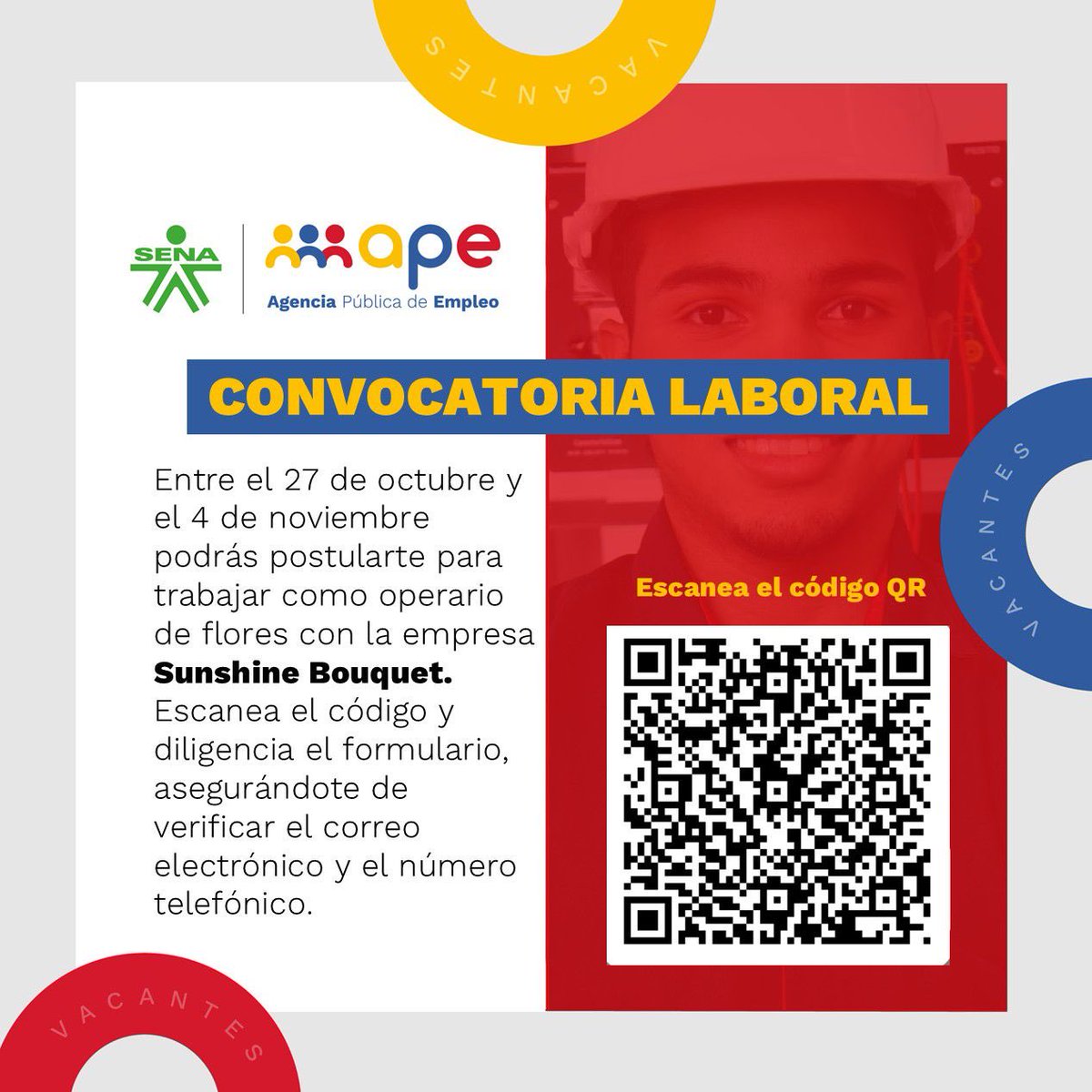 📣 Convocatoria 

Se abren cerca de 700 empleos en el sector agrícola en Norte de Santander. 

Escanea el código QR del <a href="/SENAComunica/">SENA</a> y conoce cómo postularte.  

🗓️ Del 27 al 4 de noviembre.
