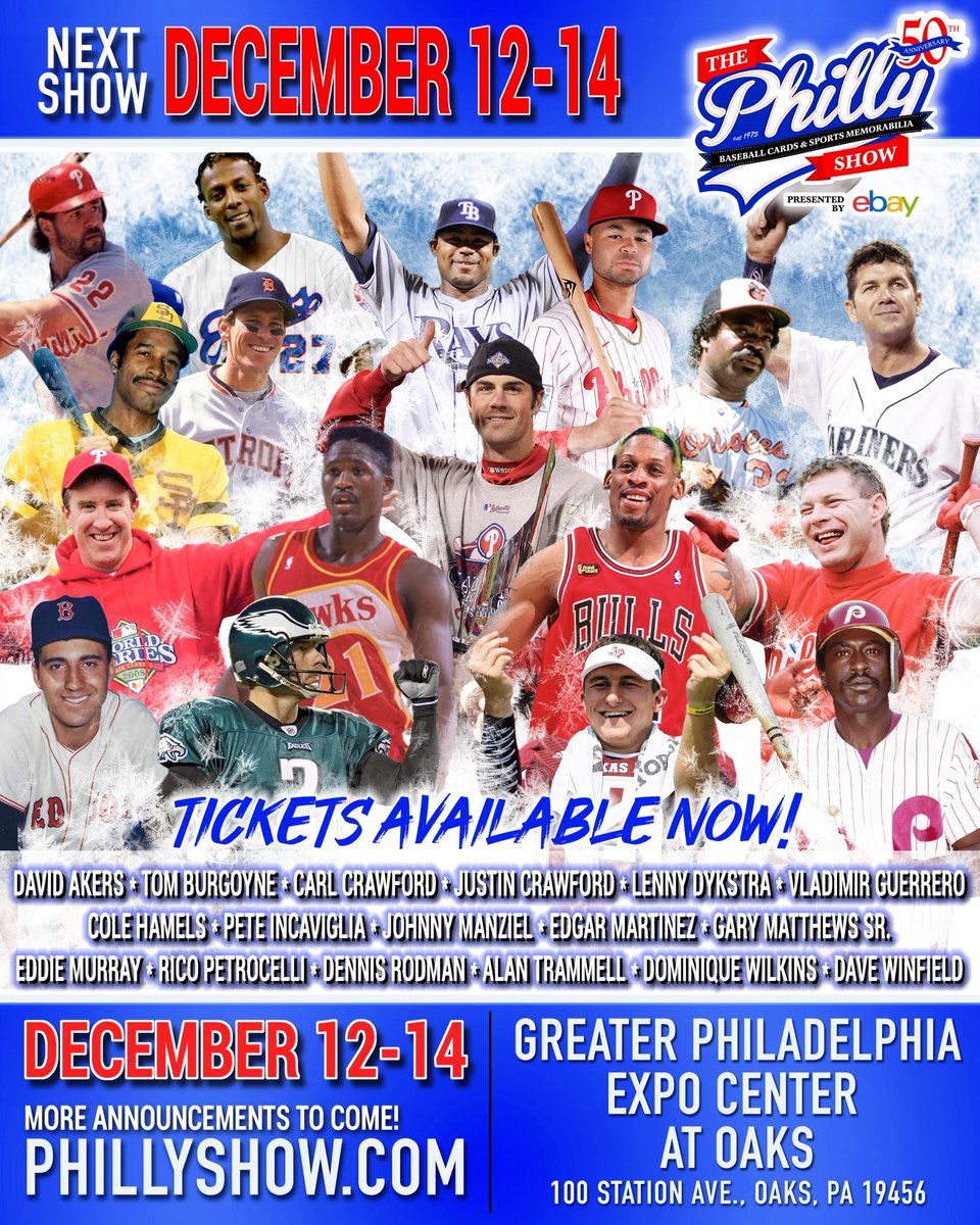 Philly_Show's tweet image. 🎟️ Tickets LIVE for the Dec Philly Show! 🎟️
📅 Dec 12–14 | 📍 Oaks, PA
🔥 Meet legends: @ColeHamels, @JManziel2, @dennisrodman, @DWilkins21, @DaveWinfieldHOF, @11EdgarMartinez, @eddiecmurray_33
🎟️ PhillyShow.com
#PhillyShow #CardShow #PhillyCollects #RingTheBell