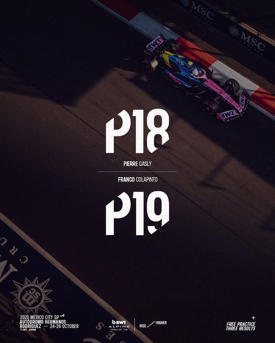 Two Alpine F1 cars are positioned on the Mexico City Grand Prix track with red and white curbs visible. The first car is marked P18 with driver Pierre Gasly and the second P19 with Franco Colapinto. BWT branding appears on the cars in blue and pink colors. Text overlays include 2023 Mexico City GP Free Practice 1 and 2 dates October 27-28. Sun emblem and sponsor logos are present at the bottom.