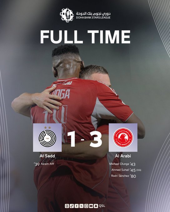 Graphic displays full-time score of 1-3 between Al Sadd and Al Arabi in Doha Bank Stars League Week 8. Players in red jerseys including Ousmane and Ahmed Souhail embrace in celebration. Goals noted: 30 Af for Al Sadd, 43 Ousmane, 45 Ahmed Souhail, 90 Rodri for Al Arabi. League logo and QSL watermark visible at bottom.