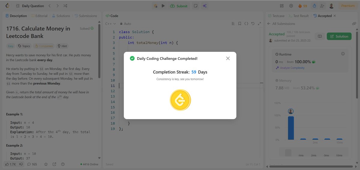 shakish15564's tweet image. Operation 17: The Learning Curve 📊
Day 5 of Week 17 🚀
Today’s Progress ✅
- Solved LeetCode #1716
- Worked on creating a new resume
- GATE Prep – Day 2
    • Covered Digital Logic: Logical Gates
#TheLearningCurve #LeetCode #GATEPreparation #DigitalLogic #CodeWithShakish