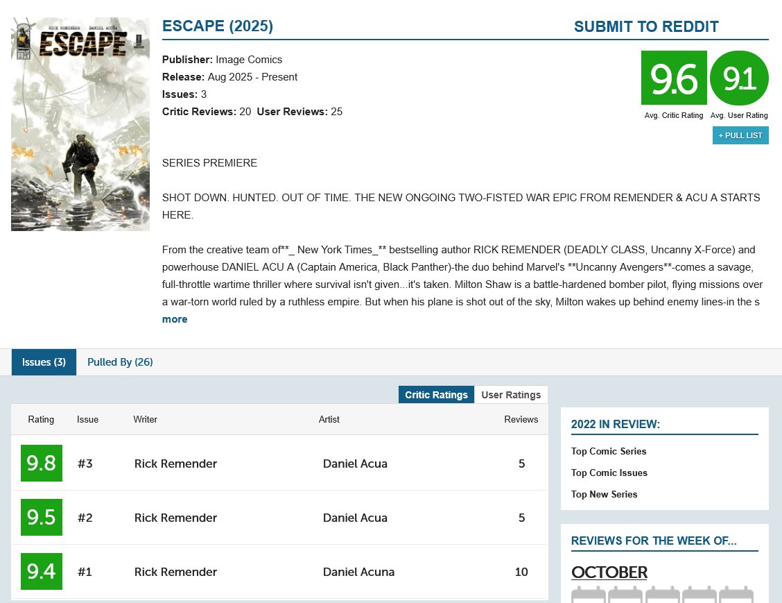 🎉 "Escape" ya va por el número 3, y de momento estas son las críticas...

😉👇 Si no habéis escuchado aún nuestro programa dedicado al cómic (con su autor), aquí abajo lo tenéis. No os lo perdáis.