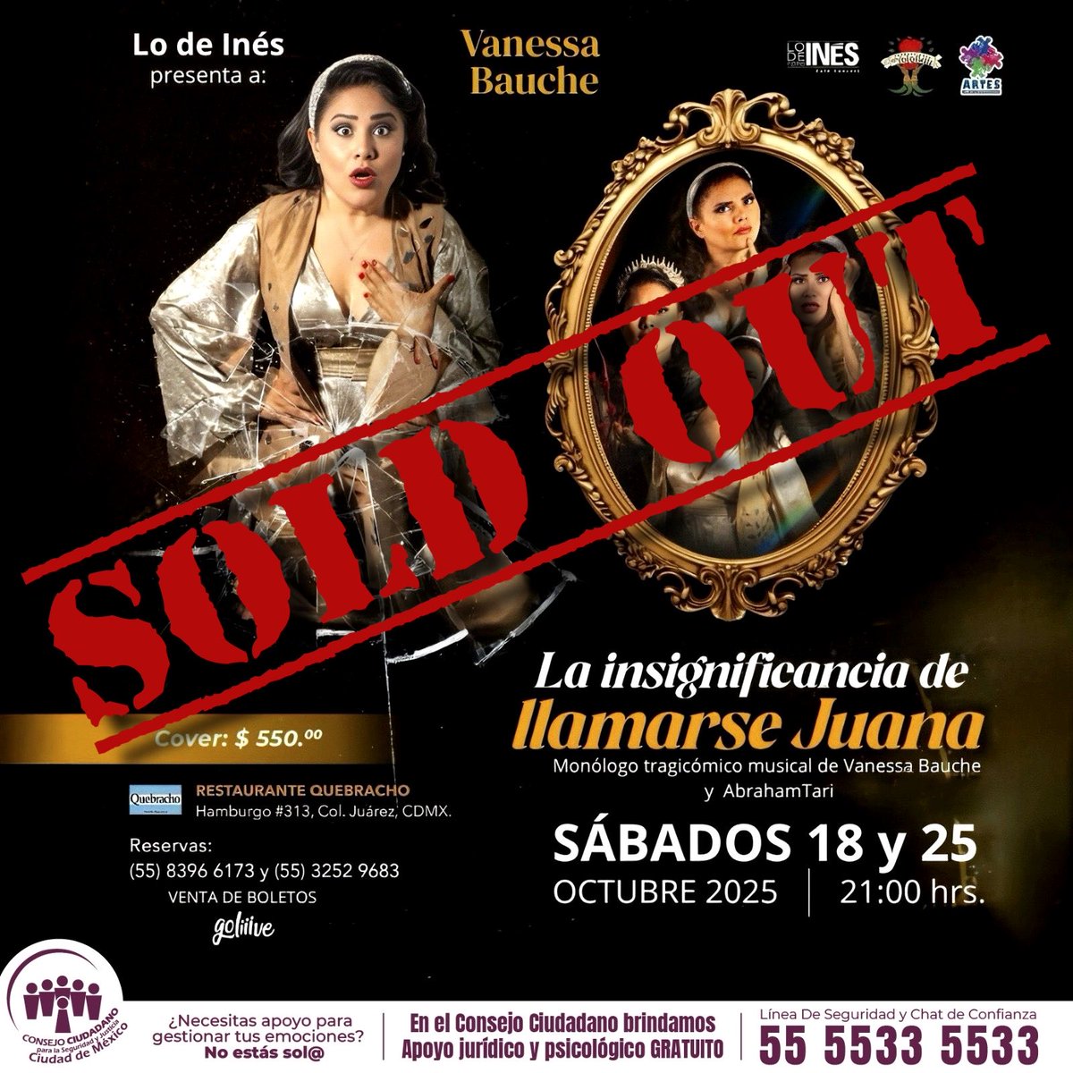 VanessaBauche's tweet image. ¡Inmensamente agradecida! Debido a la respuesta del público, abriremos más fechas en noviembre, en otro lugar. ¡Gracias! 

La insignificancia de llamarse de Juana.
Tragicomedia musical 

Agradecemos mucho la colaboración con @elconsejomx  y @artesvsd ¡Abrazo enorme!
