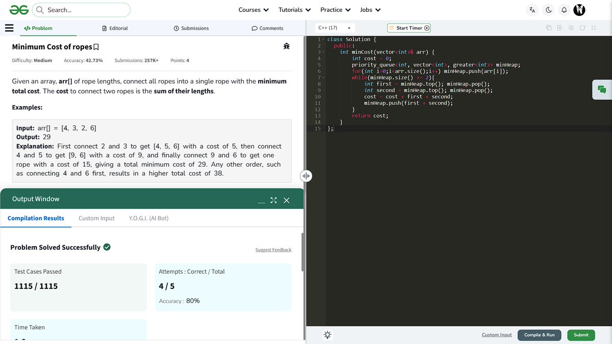 Wannabe_01_'s tweet image. #Day109 of grinding until I land a job! 🚀
- Solved these questions today:
> Min Cost to Connect n Ropes - Heap
> Sum of elements between k1'th and k2'th smallest elements - Heap
- Wrapped up with all APIs.
#DSA #LeetCode #100DaysOfCode #striversheet #MERN
