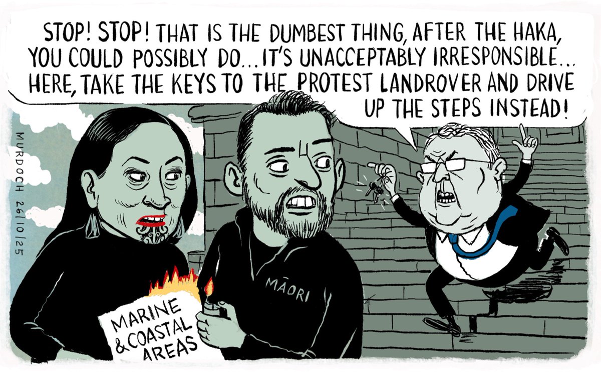 Speaker Gerry Brownlee not happy about Te Pāti Māori  burning a copy of the Marine and Coastal Areas Amendment Bill on Parliament steps.
My #cartoon today #NZpol #Māori #MarineAndCoastalAreasAmendmentBill