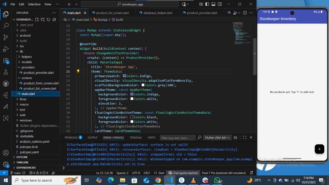 SilasWisdo8145's tweet image. Inventory made simple! 📱 Built a Storekeeper App for my HNG Level 2 task. Manage your stock with local CRUD using sqflite, including product photos via the native camera. Stop losing track of your stuff! 📈 #HNGinternship #FlutterApp #InventoryManagement