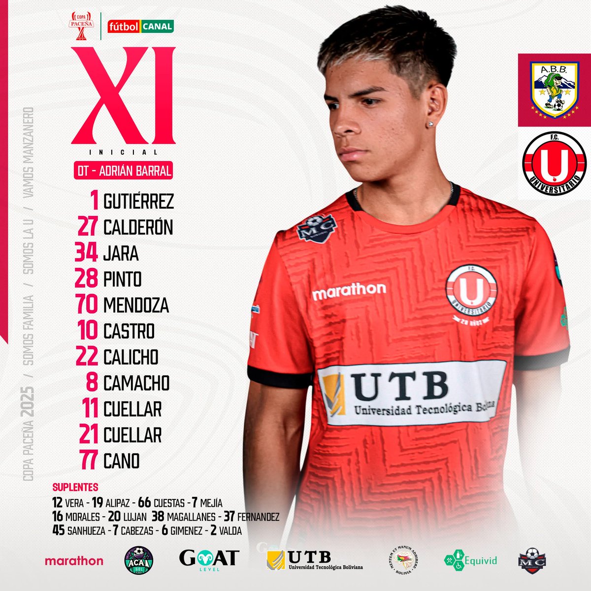 LaRazon_Bolivia's tweet photo. Alineaciones confirmadas
#ClubABB vs #FCUniversitario
👉Correspondiente a la fecha 12 de la 🏆🇧🇴Copa Bolivia.
El compromiso se disputará a partir de las 15:00 en el estadio Municipal de Villa Ingenio, donde ambos equipos buscarán sumar puntos claves.
#ligaboliviana #abb #FCUniversitario
@MarcasLaRazon