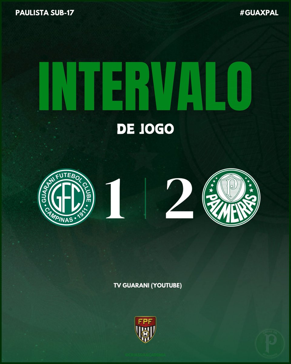CriasDaAcademia's tweet photo. Fim de primeiro tempo: Guarani 1x2 Palmeiras.
🏆 Paulista Sub-17 | Quartas - Ida
#CriasDaAcademia #GUAxPAL https://t.co/RMTBsumoyI