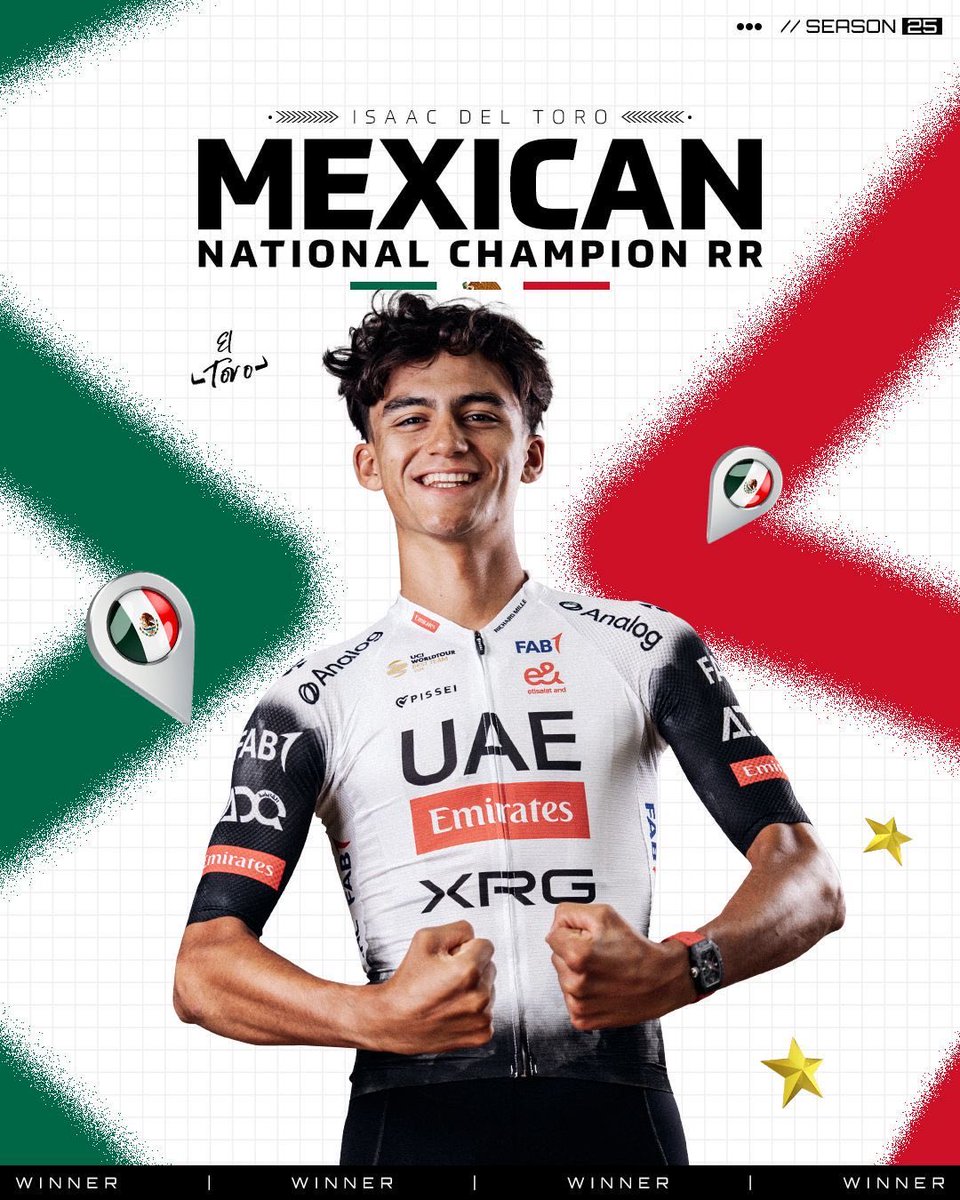 Your new Mexican National Champion, <a href="/ISAACDELTOROx1/">ISAAC DEL TORO ROMERO</a>! 🥇👑

🇲🇽 After a thrilling battle with Eder Frayre, Isaac went solo on the last climb and does the double in this year’s event!

It brings Isaac’s season to a close in style 🔥

Grande, Torito! You deserve this 🙌🏻 #WeAreUAE