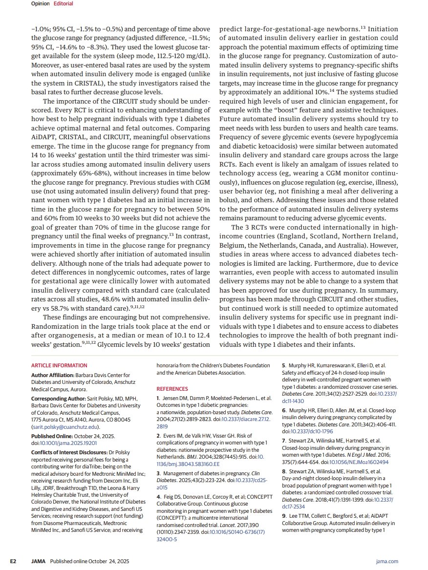 🤰Automated insulin delivery in #pregnancy — <a href="/JAMA_current/">JAMA</a> editorial
🔹 #CIRCUIT (Control-IQ), #AiDAPT (CamAPS FX), #CRISTAL (780G)
💡 All ↑ TIR to ~65–68%, w/o ↑ severe hypo/DKA
⚠️ Still below ideal ≥70% → need earlier use &amp; tailored algorithms

#HCLS #Diabetes