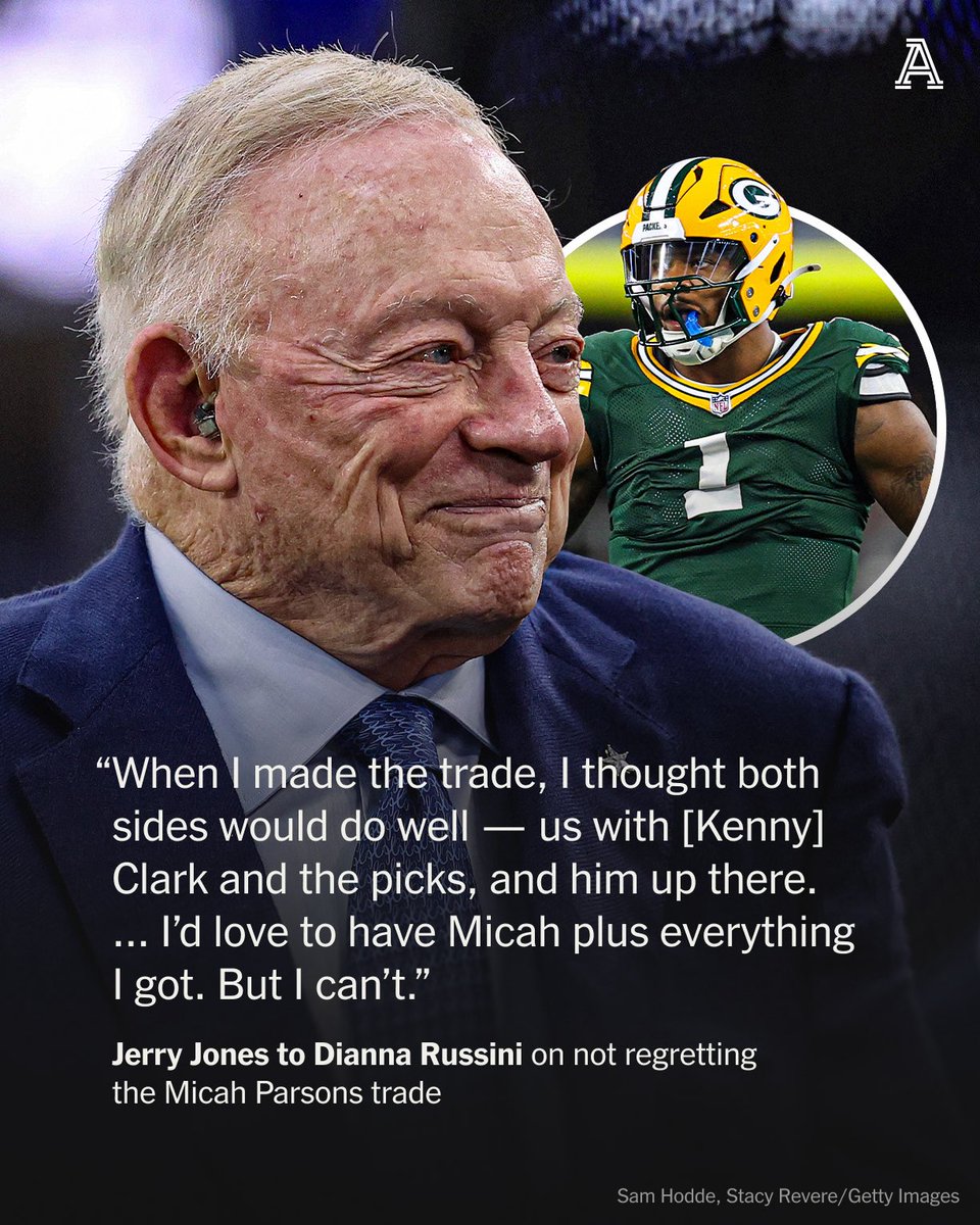 DMRussini's tweet image. Jerry Jones expected Micah Parsons to still produce in Green Bay. But he doesn’t regret trading the superstar pass rusher, he told me.
“He’s elite, but we were better off with numbers of players. It had nothing to do with contracts or agents.”
nytimes.com/athletic/67472…