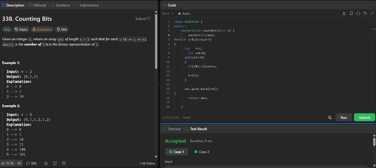 ANNISH_SEN's tweet image. Day 37 of my #LeetCode75 Challenge
Problem: Counting Bits (LeetCode 338)
Idea:
For every number from 0 to n, count the number of 1s in its binary form using simple division and remainder logic.
Language: C++
#100DaysOfCode #LeetCode #DSA #CodingJourney #CodeNewbie #Cplusplus