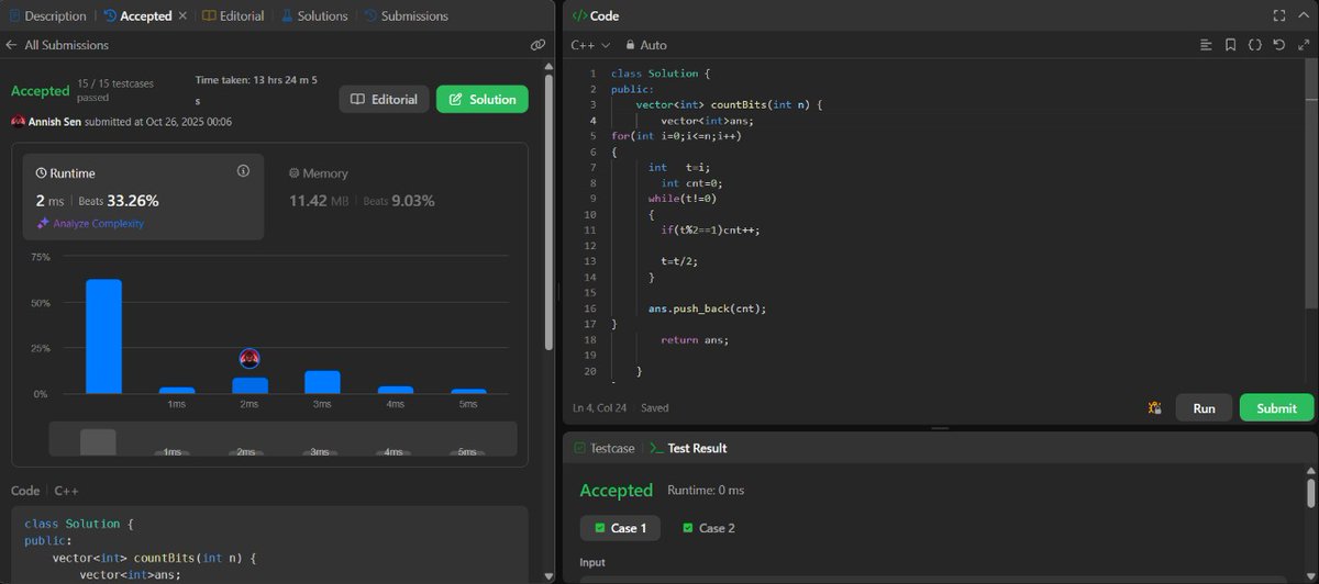 ANNISH_SEN's tweet image. Day 37 of my #LeetCode75 Challenge
Problem: Counting Bits (LeetCode 338)
Idea:
For every number from 0 to n, count the number of 1s in its binary form using simple division and remainder logic.
Language: C++
#100DaysOfCode #LeetCode #DSA #CodingJourney #CodeNewbie #Cplusplus