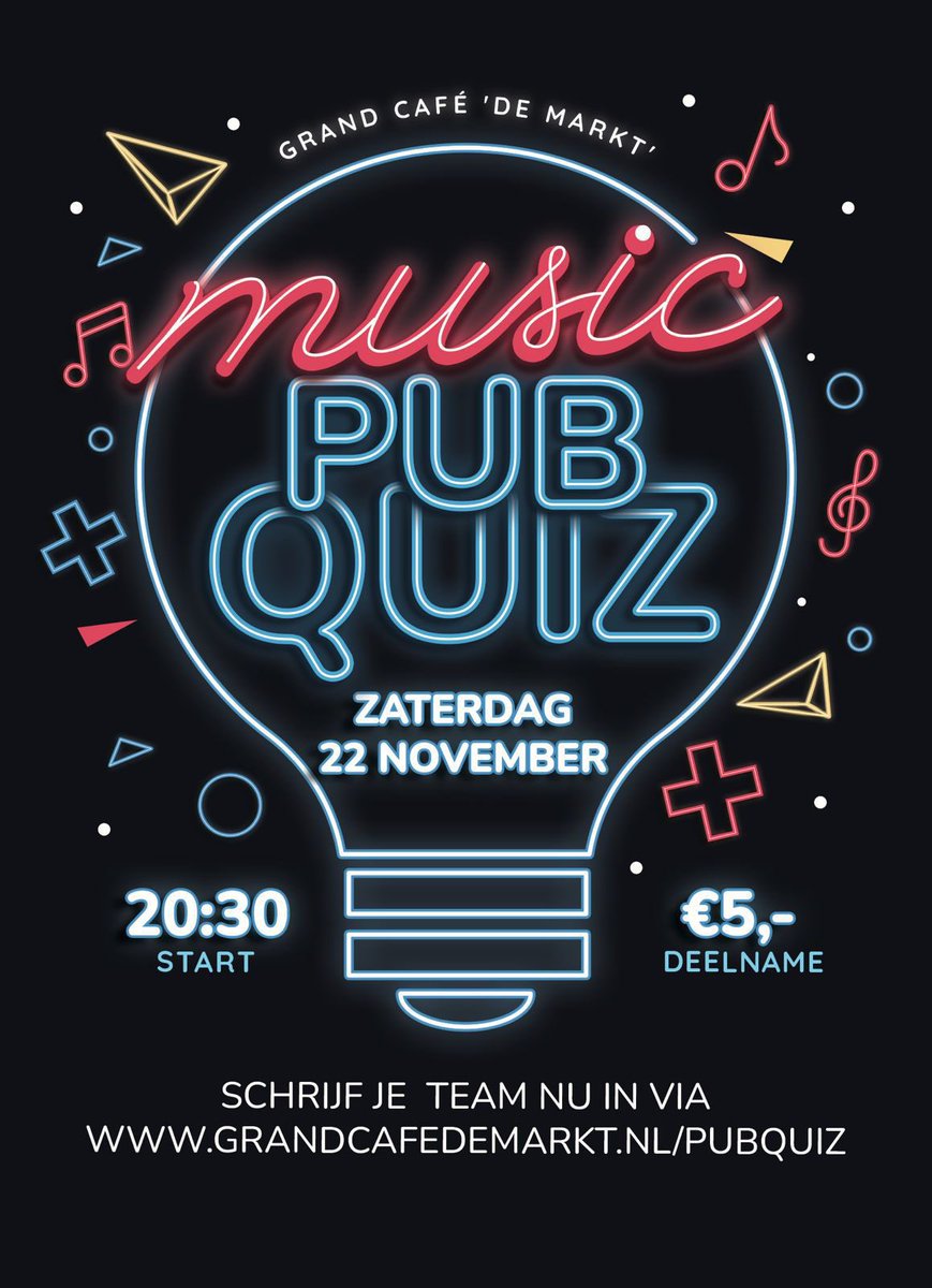 Noteer zaterdag 22 november 📅 alvast in je agenda! 

Meld je aan voor de leukste muzikale pubquiz in onze engelse pub Westminster Abbey. 🕺🏼💃

🕤 inloop: 19:30 uur - start: 20:30 uur
📍Inschrijven via: grandcafedemarkt.nl/pubquiz
Deelname = €5,- p.p.

#pubquiz #WestminsterAbbey