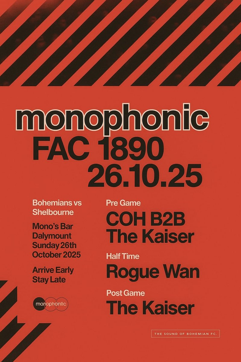 🍺 𝙁𝙞𝙣𝙖𝙡 𝙃𝙤𝙢𝙚 𝙂𝙖𝙢𝙚 🍻 

Music all day/night long in Dalymount, some Madchester tunes to get us into the night be sure to hang around after! 🔴⚫️

🍻 DRINKS PROMOTIONS 

Pre: Conor O'Hanlon x Jor
HT: Rogue Wan
FT: Jor 

🇪🇺 Victory or Death! 🇪🇺