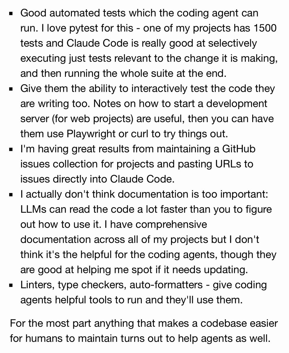 simonw's tweet image. Shared some thoughts on ways to make a codebase more productive for AI coding tools, surprisingly none of which involve AGENTS/CLAUDE md files simonwillison.net/2025/Oct/25/co…