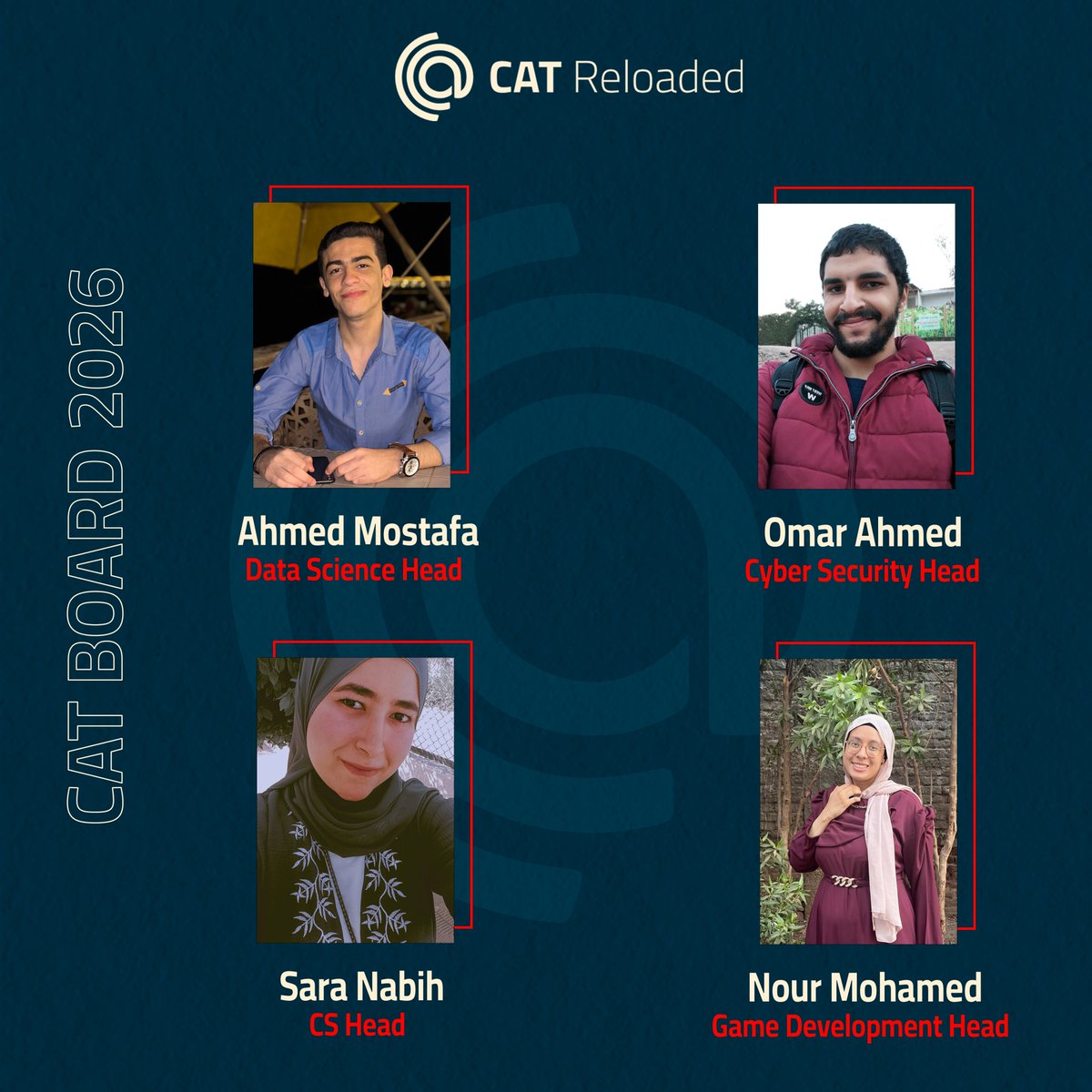 CATReloaded's tweet photo. "لا يُكتب مستقبل مشرق إلا بأقلام قادة مبدعين،
عام جديد.. وقيادة جديدة."
يسعدنا أن نكشف عن CAT Board 2026!
حيث نكمل مسيرتنا مع نخبة من القادة المبدعين وذوي المهارة إلى مزيدٍ من الإنجازات والنجاح.
استعدّوا لعامٍ جديد مليئ بالحماسة، ورحلةٍ ثرية بالمعرفة!
#CATReloaded
#NewBoard https://t.co/fwOydaktf9