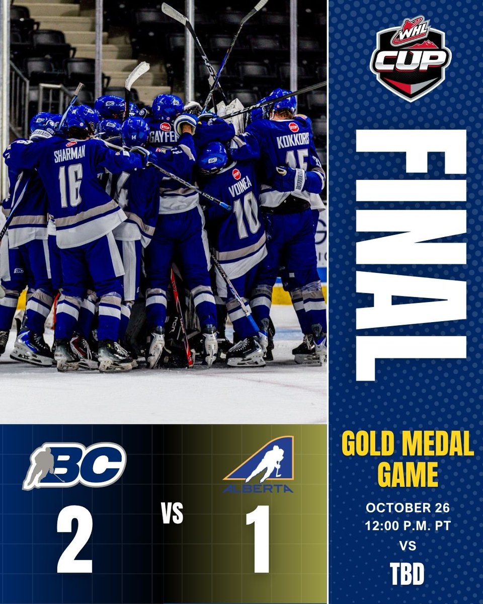 BCHockey_Source's tweet photo. FINALS BOUND!!!

Jack Utsunomiya’s 42 save performance anchors Team BC to a 2-1 victory over Team Alberta to move on to the gold medal game of the 2025 WHL Cup!!!

The gold medal game will be tomorrow at 12:00 p.m. PT. Opponent to be determined.

📸 Taylor Lachance https://t.co/zCP0jC2D8B