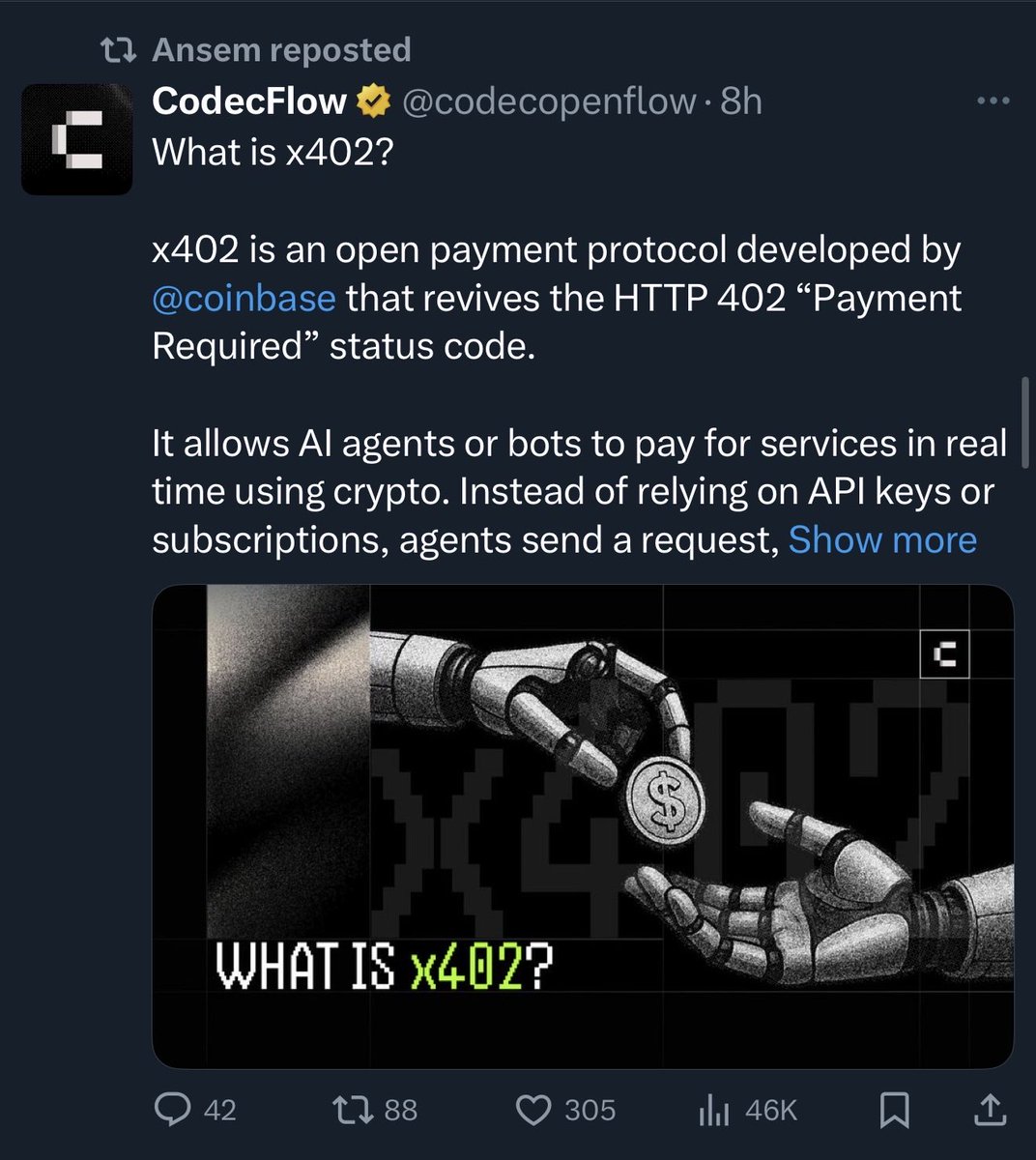 VaderResearch's tweet image. Ansem retweets Codec’s x402 post
I mentioned @codecopenflow earlier this week as one of the top liquid robotics plays to watch out for
Codec is up 35% today
