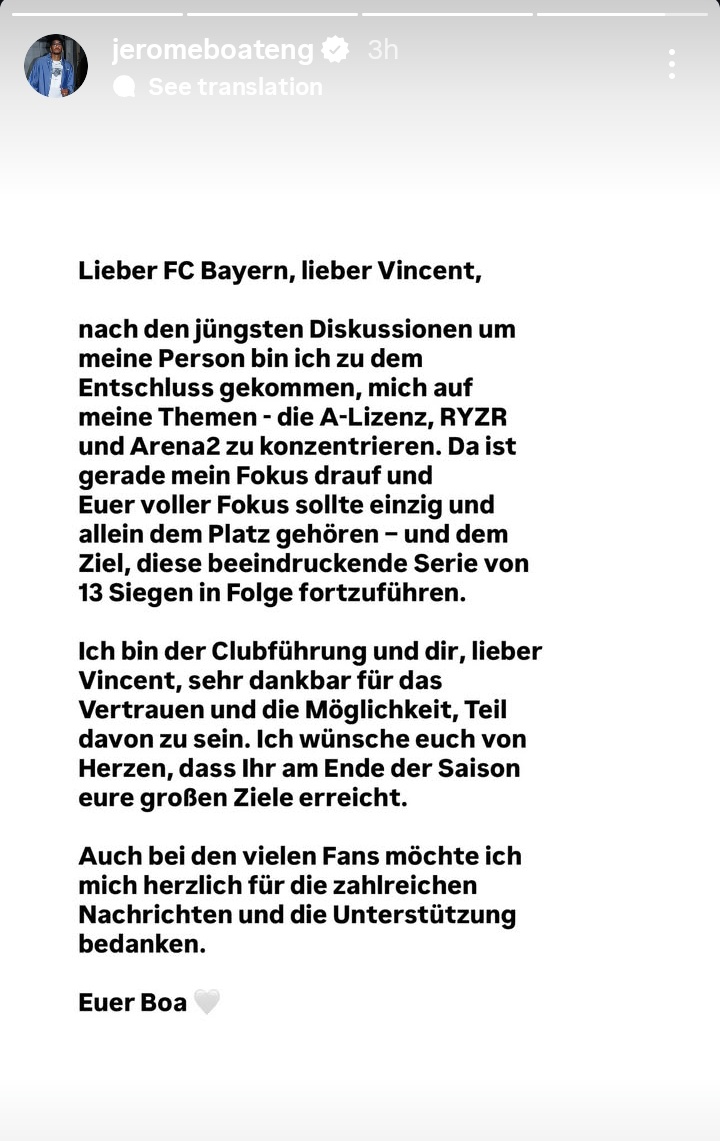 iMiaSanMia's tweet image. Jérôme Boateng confirms that he will no longer have an internship at Bayern under Vincent Kompany 
'Dear FC Bayern, dear Vincent, after the recent discussions about my person, I have come to the decision to focus on my subjects – the A license, RYZR, and Arena2. That's currently…