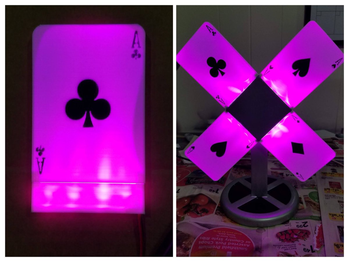 mirrored_line's tweet image. Super old project of mine that I got a request to post files for. Light up LED Gambit cards from the Marvel comics with a display stand! 

3d models available for free at: cults3d.com/:3610874

#cosplay #marvelcosplay #gambit #3dprinting