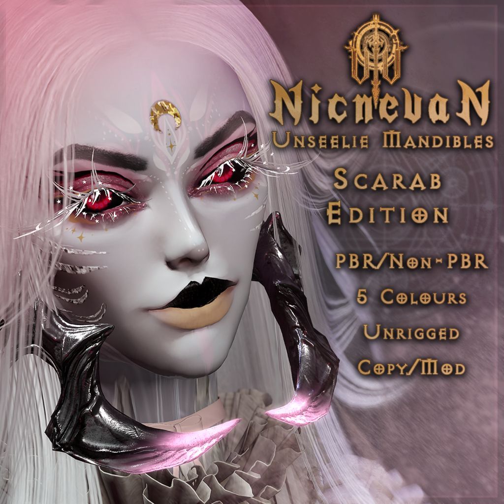 Now @ Multiverse Fair: Nicnaven - Unseelie Mandibles. Coming in 9 colours in the main set, &amp; 5 colours in Scarab Ed. Also, a number of discounted items to raise funds for the charity, &amp; additional 30% off within.

Taxi: maps.secondlife.com/secondlife/Lol…

Preview: flic.kr/p/2rAQhnS