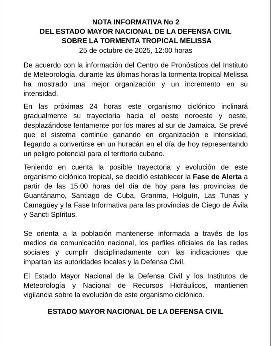 radiocamaguey's tweet photo. 📝 Decretan #FaseDeAlerta para #Camagüey y las provincias orientales. #FaseInformativa para Sancti Spíritus y Ciego de Ávila.
👉 Ya Melissa es huracán.
Manténganse informados y cumpliendo con las medidas que se adopten por las autoridades locales.
📍 @CubaCivil @GobCamaguey https://t.co/zKOiwpLjmO