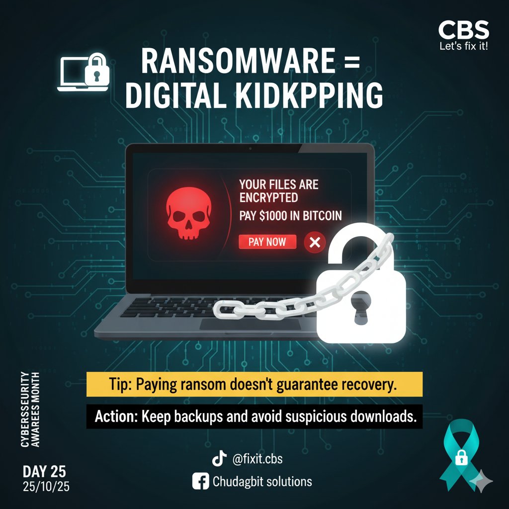 uceesek's tweet photo. Ransomware Awareness 💻💰
Ransomware locks your files and demands money.
Best defense?
🔹 Regular backups
🔹 Don’t open suspicious attachments
🔹 Keep software updated
Don’t let hackers hold your data hostage!
#Ransomware #CyberAwareness
#CybersecurityAwarenessMonth 
#Chudag
#cbs https://t.co/WTGrLXOsZW