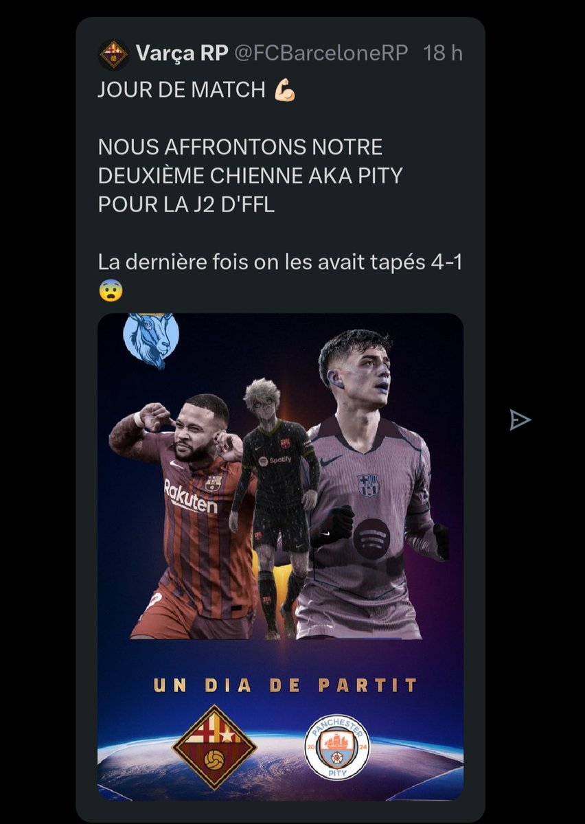 Palmarès de varca contre Pity :
Une dizaine de tweets pour pleurnicher de la défaite 
-Une demande pour refaire le match (qui a pas été accepté logique d'ailleurs)
-Des joueurs qui veulent partir du club
-Et aussi supprimé le tweet d'avant match après la fin du match 
Rions😂🫵