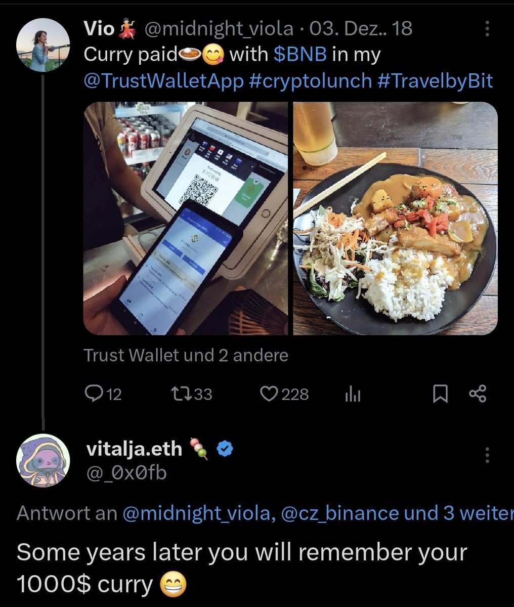 _0x0fb's tweet photo. A few years ago, @midnight_viola paid around 8 BNB for their curry.

I had left you a prediction.😬🤝

Will we have a “BNB Curry Day” in a few years?

Kind of like Bitcoin Pizza Day.😅

@cz_binance @binance https://t.co/RPE4daR3Au