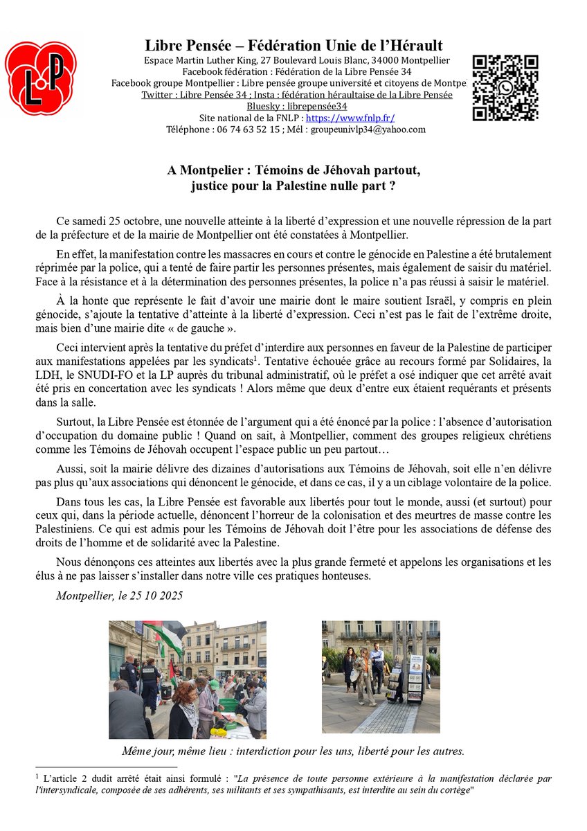 LibreGroupe's tweet image. 🔺Suite à la manifestation de ce jour à Montpellier et à la nouvelle tentative d&apos;interdiction justifiée par &quot;l&apos;absence d&apos;autorisation d&apos;occupation du domaine public&quot; une question : la mairie PS n&apos;autoriserait-elle que les groupes chrétiens et pas les défenseurs de la Palestine🧐?