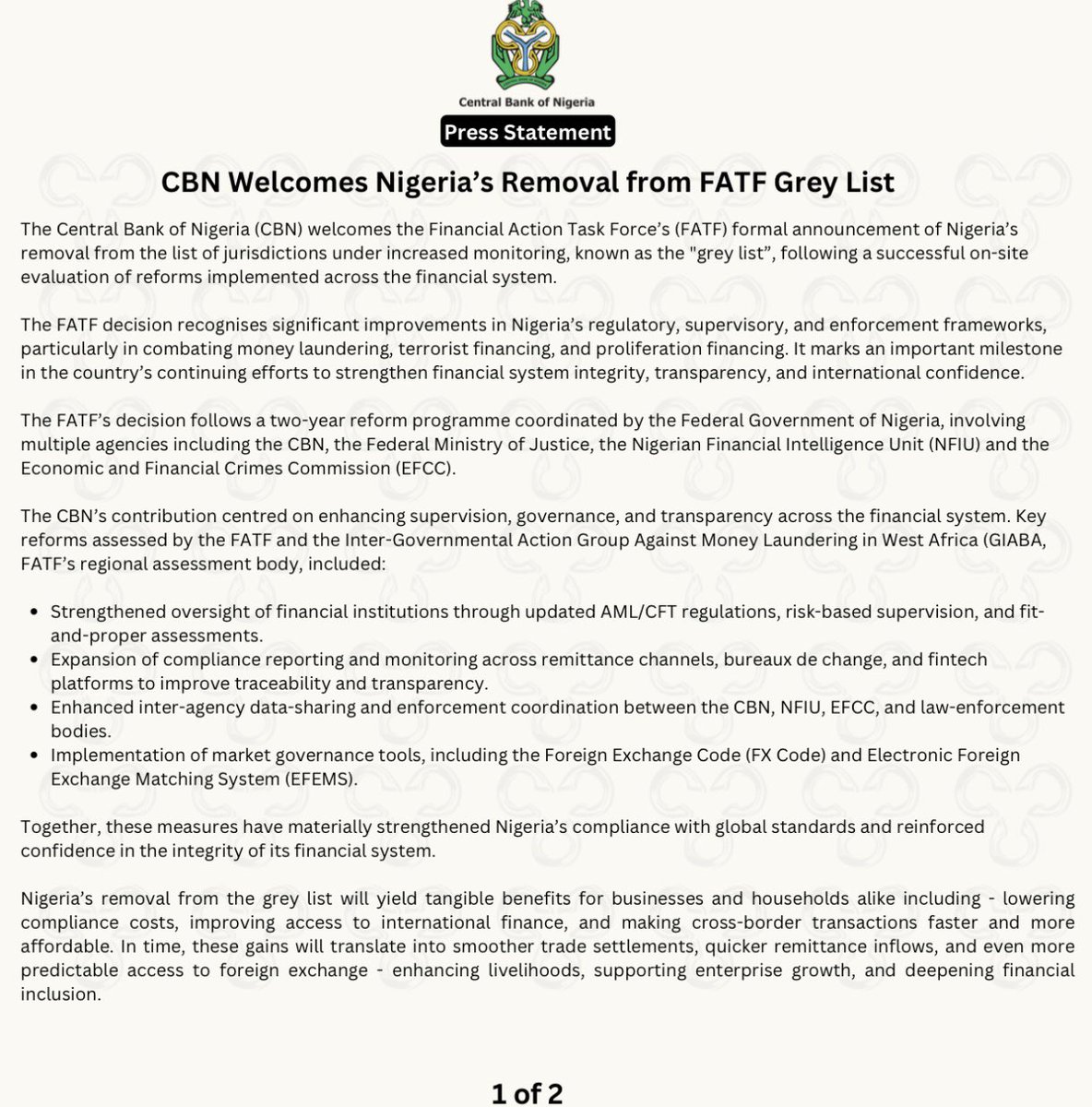 cenbank's tweet image. The Central Bank of Nigeria welcomes Nigeria’s removal from the FATF Grey List. 
This is a milestone achievement that reflects stronger reforms, enhanced transparency, and renewed global confidence in our financial system.
#CBN