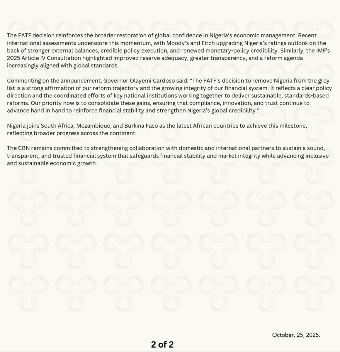 cenbank's tweet image. The Central Bank of Nigeria welcomes Nigeria’s removal from the FATF Grey List. 
This is a milestone achievement that reflects stronger reforms, enhanced transparency, and renewed global confidence in our financial system.
#CBN