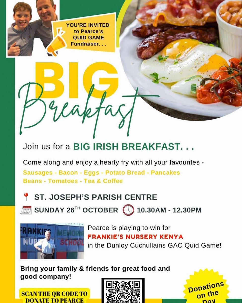 Reminder for Pearses big breakfast tomorrow morning starting at the earlier time of 10:00 🍽️